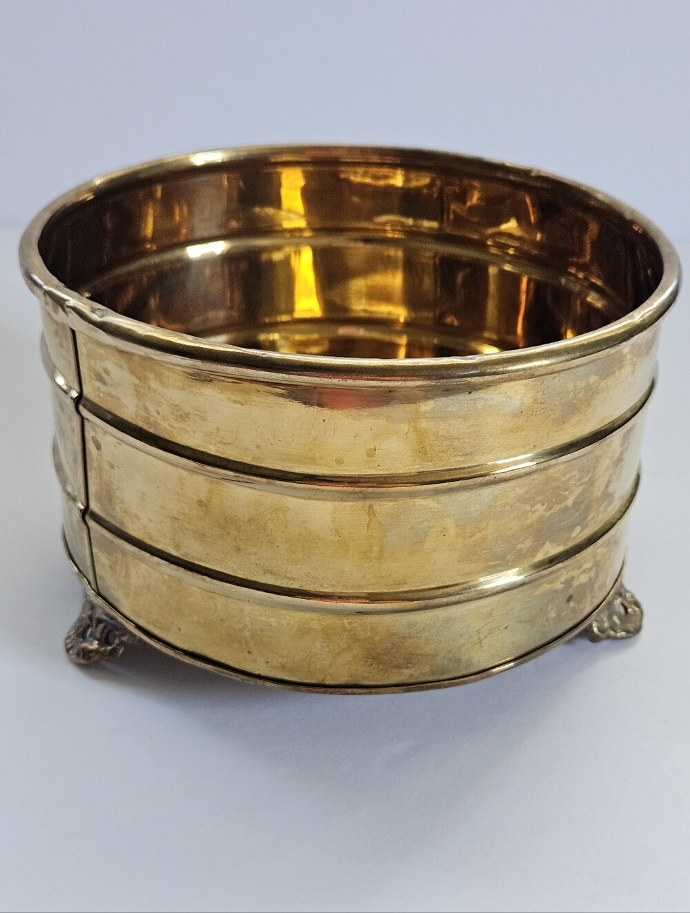 vintage footed brass planter round ornate ribbed patina aged cottagecore granny